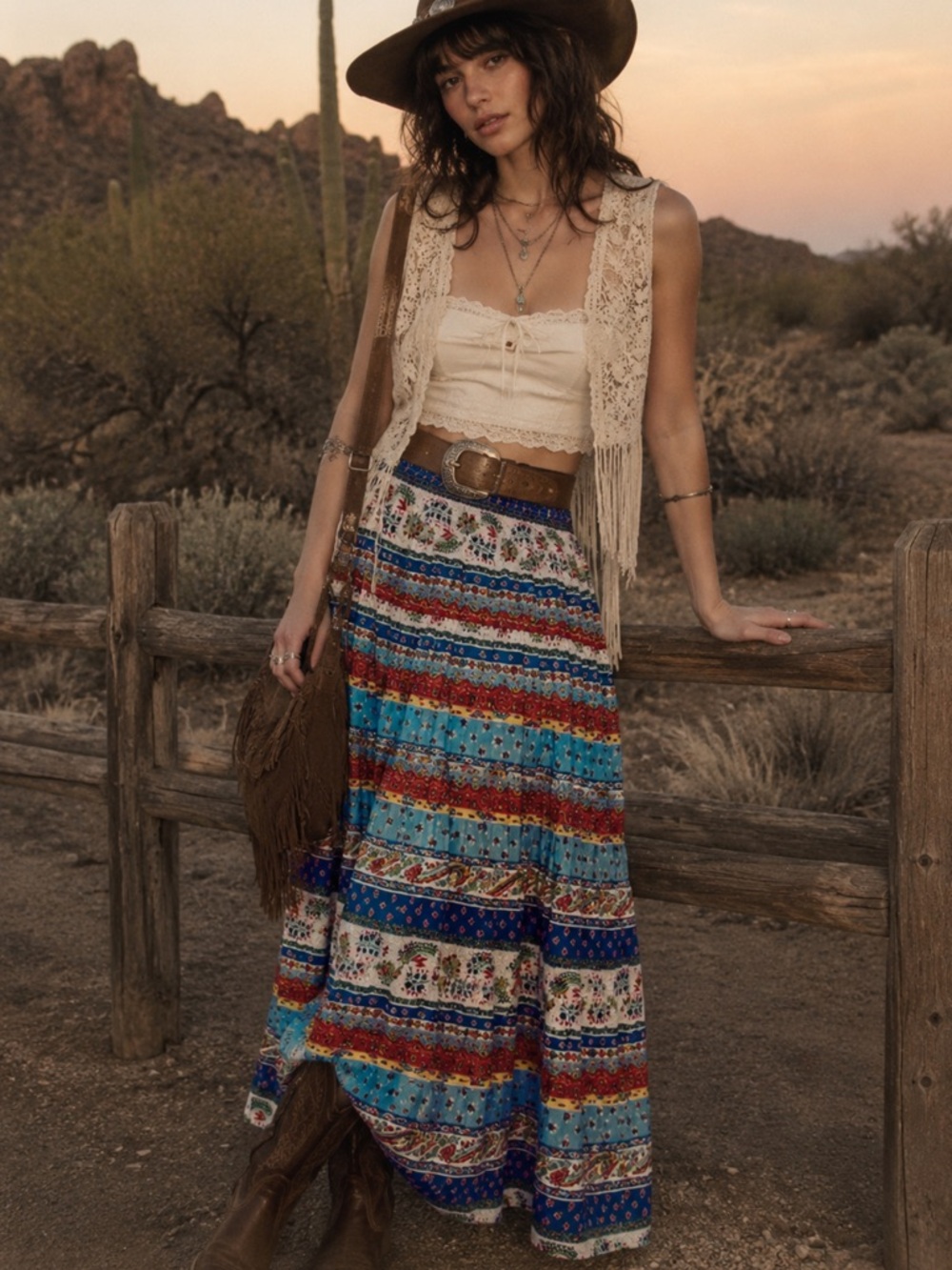 Vintage Women Tiered Maxi Skirt‎ XL Cotton Boho Western Folklore Peasant Country